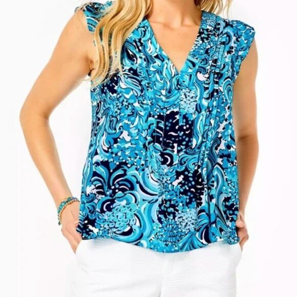 Lilly Pulitzer Joan Top Ruffle Sz Small Resort White Blue Mermazing Preppy - Picture 1 of 4
